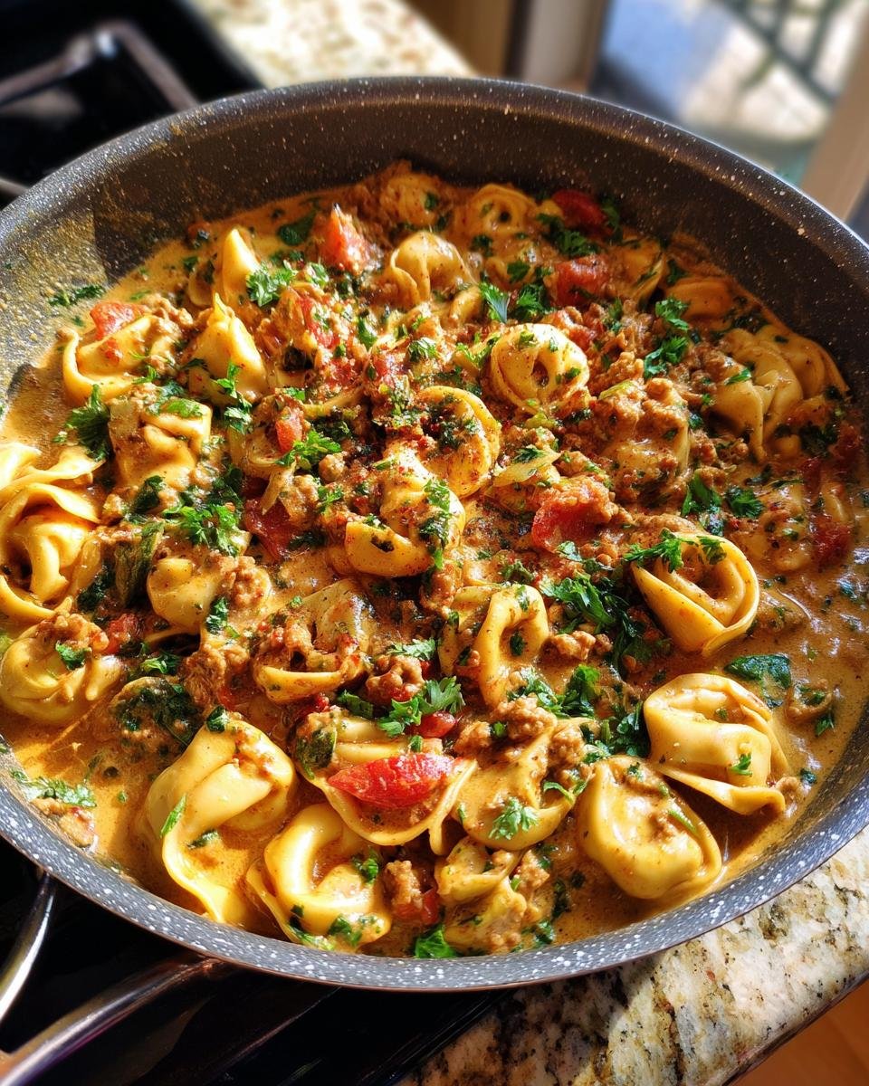 Close-up of Cremige Tortellini-Pfanne mit würzigem Hack in a skillet, garnished with fresh parsley and tomatoes.