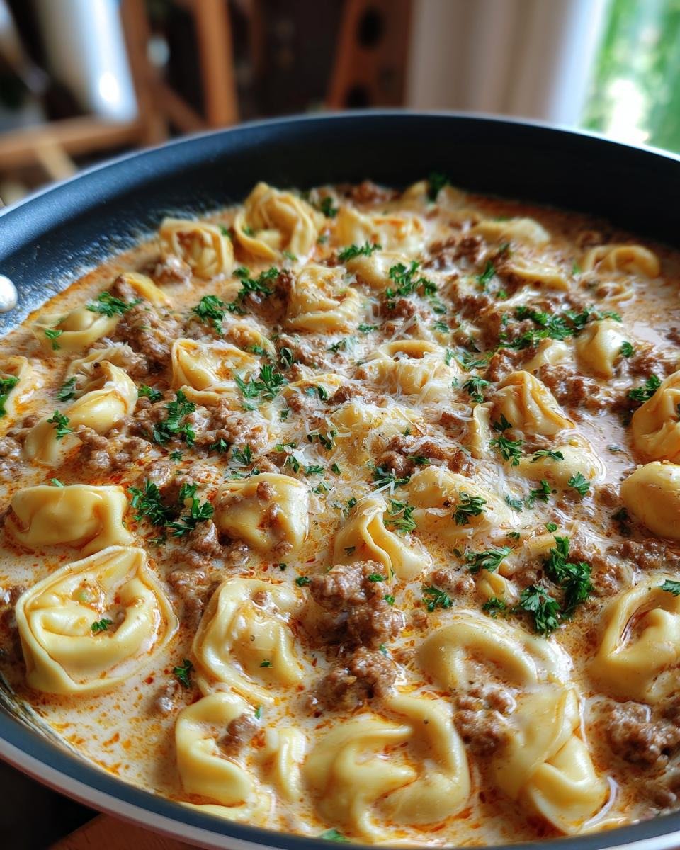 Close-up of Cremige Tortellini-Pfanne mit würzigem Hack, garnished with parsley in a pan.