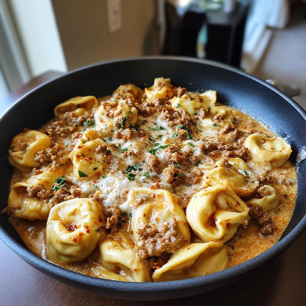Close-up of Cremige Tortellini-Pfanne mit würzigem Hack, garnished with herbs and spices in a pan.