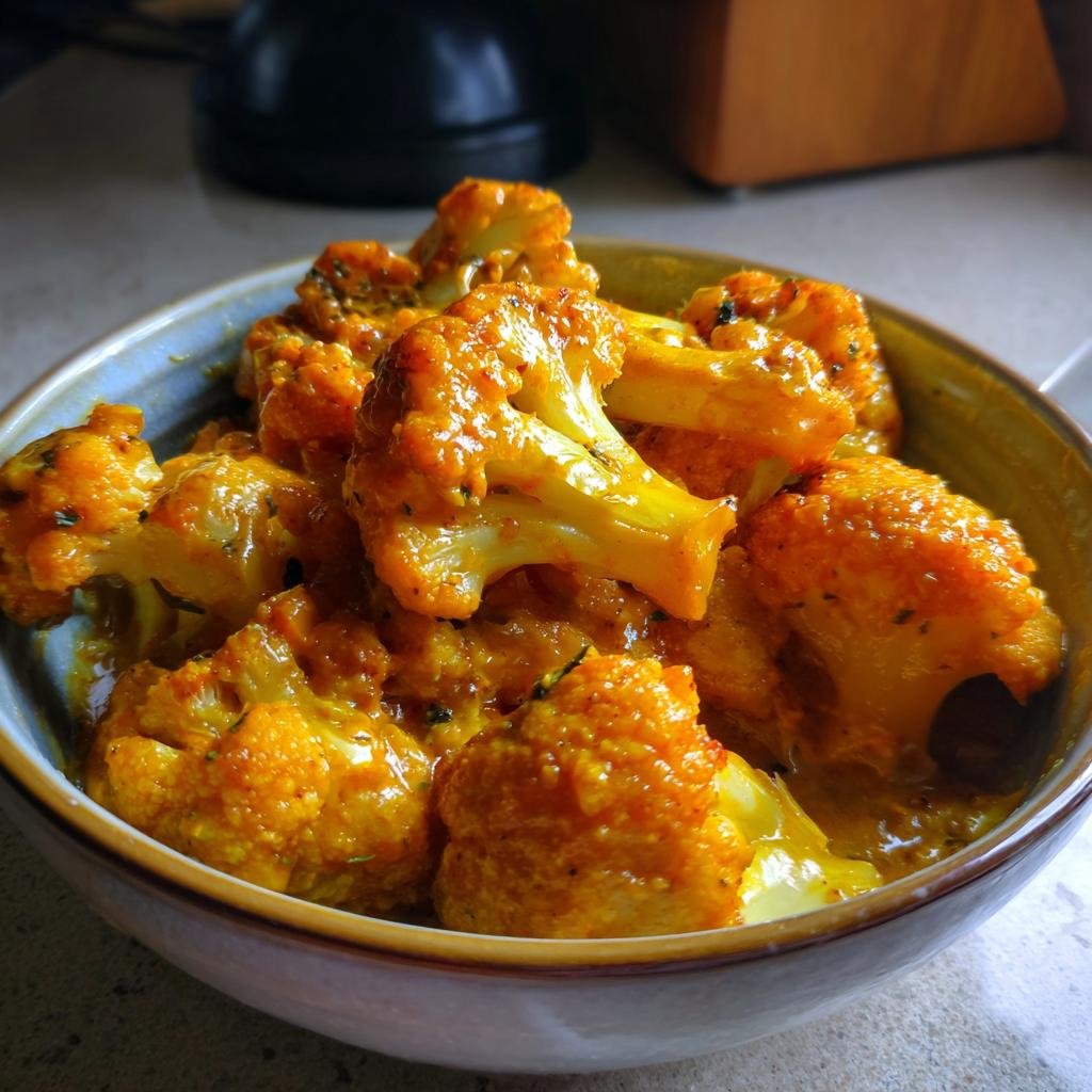 Bowl of Cremiger Blumenkohl-Curry aus dem Backofen, a creamy baked cauliflower curry.