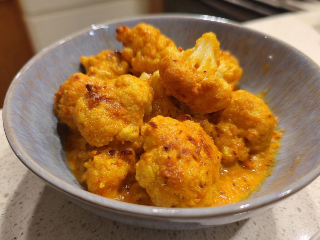 Close-up of Cremiger Blumenkohl-Curry aus dem Backofen in a blue bowl, showing the creamy curry sauce and roasted cauliflower.