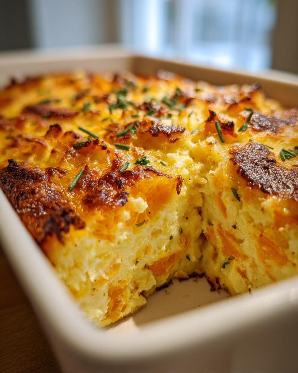 Nahaufnahme eines cremigen Kürbis-Kartoffel-Auflauf in einer weißen Auflaufform, garniert mit Kräutern.