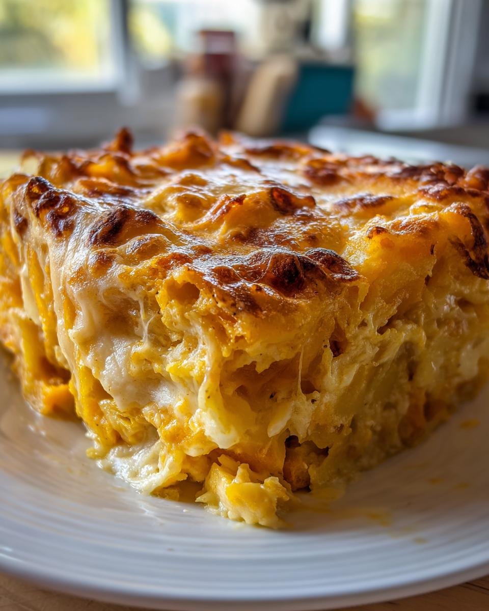 A slice of Cremiger Kürbis-Kartoffel-Auflauf with visible layers of pumpkin, potatoes, and a cheesy topping.