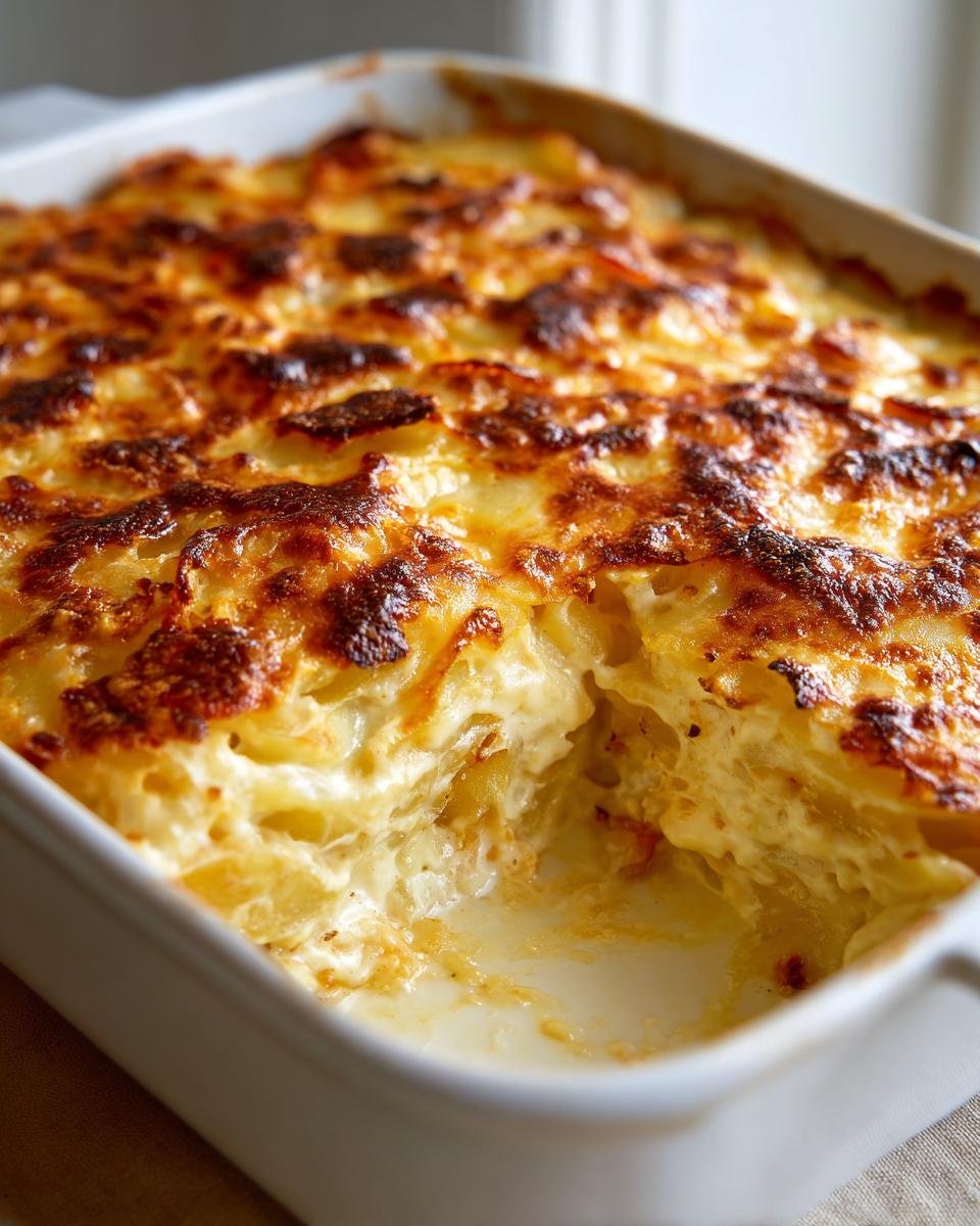 Close-up of Cremiger Kürbis-Kartoffel-Auflauf in a white baking dish, showing the creamy texture and golden-brown top.