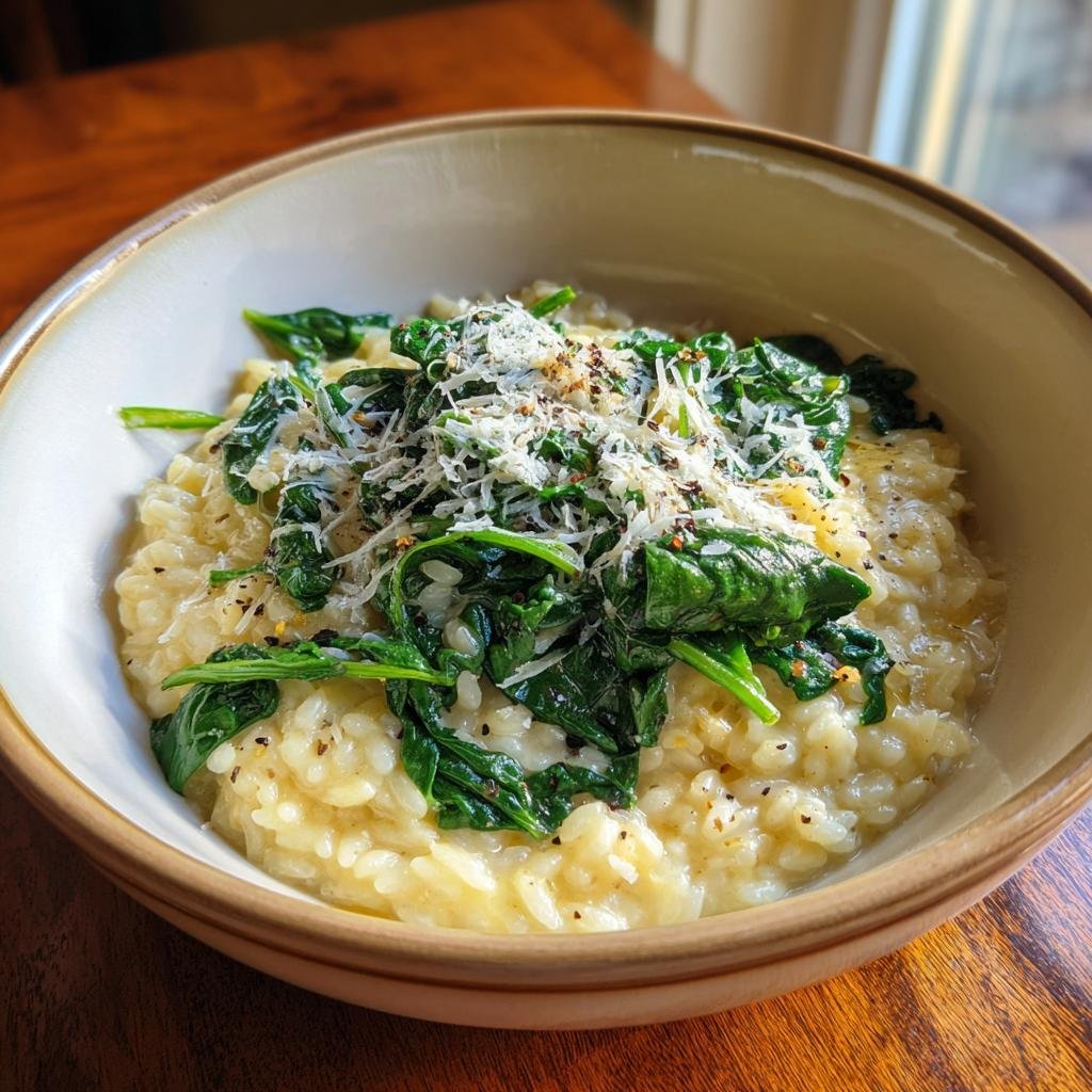 Bowl of Cremiges Orzotto mit Babyspinat, topped with cheese and pepper, sitting on a wooden table.