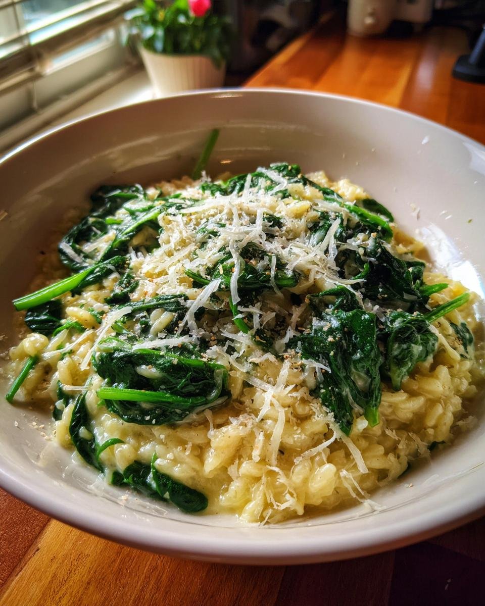 Close-up of a bowl of Cremiges Orzotto mit Babyspinat, topped with grated cheese.