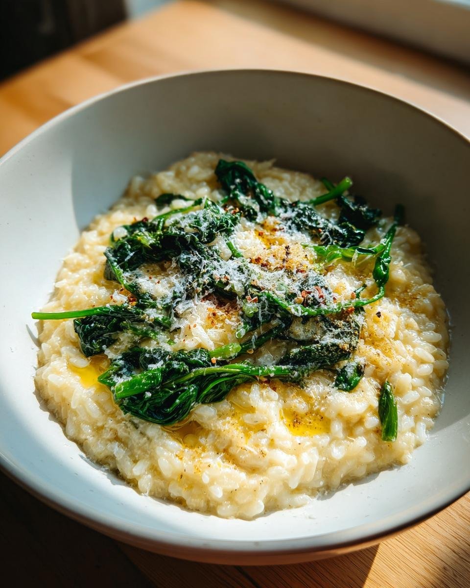 A bowl of Cremiges Orzotto mit Babyspinat, topped with parmesan and chili flakes.