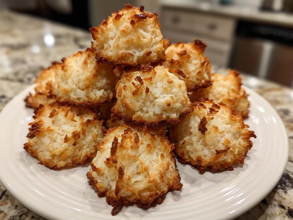 Ein Teller voll mit goldbraunen Kokosmakronen. Das Beste Rezept für Kokosmakronen.