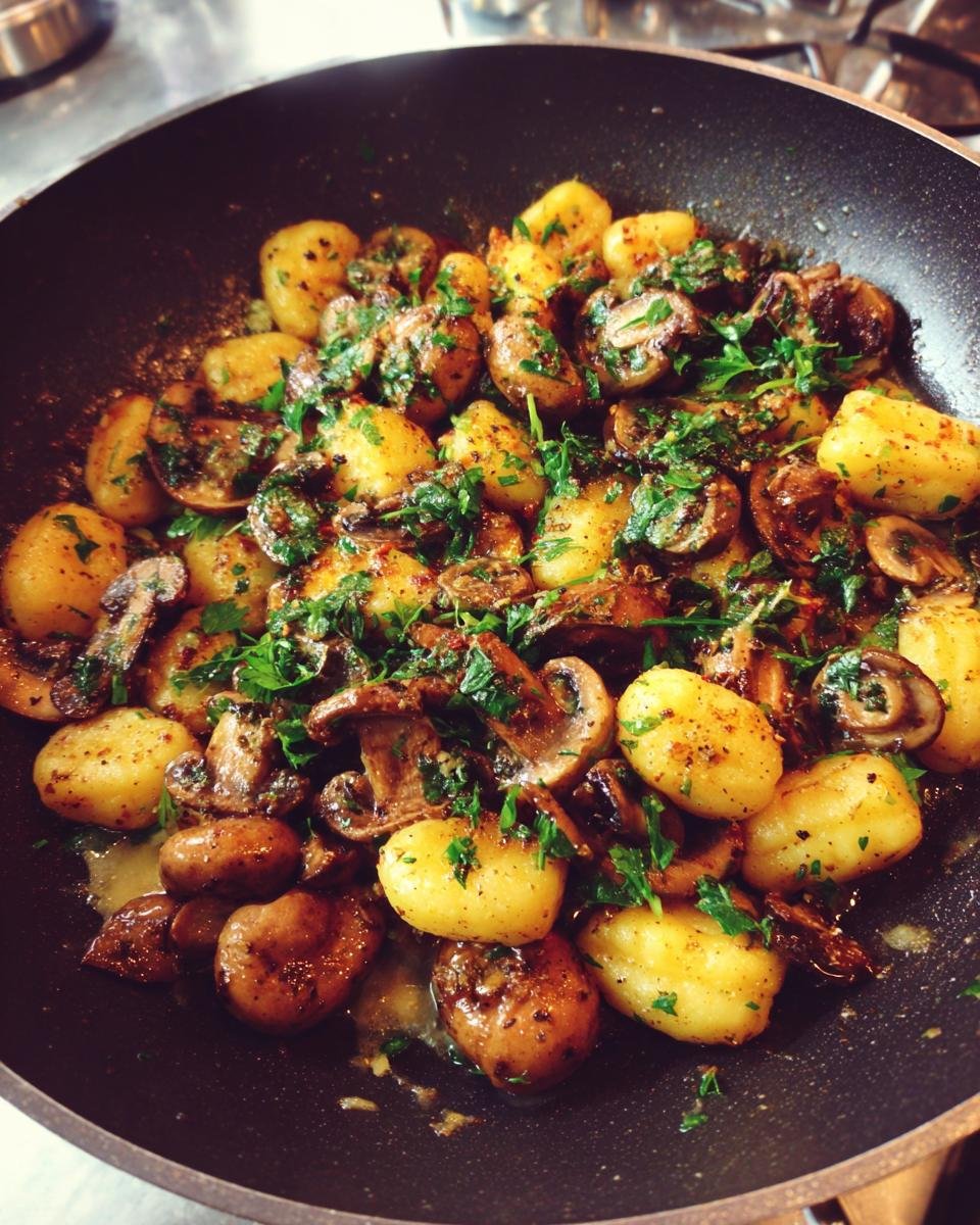 Close-up einer Deftige Gnocchi-Pilzpfanne mit Champignons, Petersilie, serviert in einer schwarzen Pfanne.