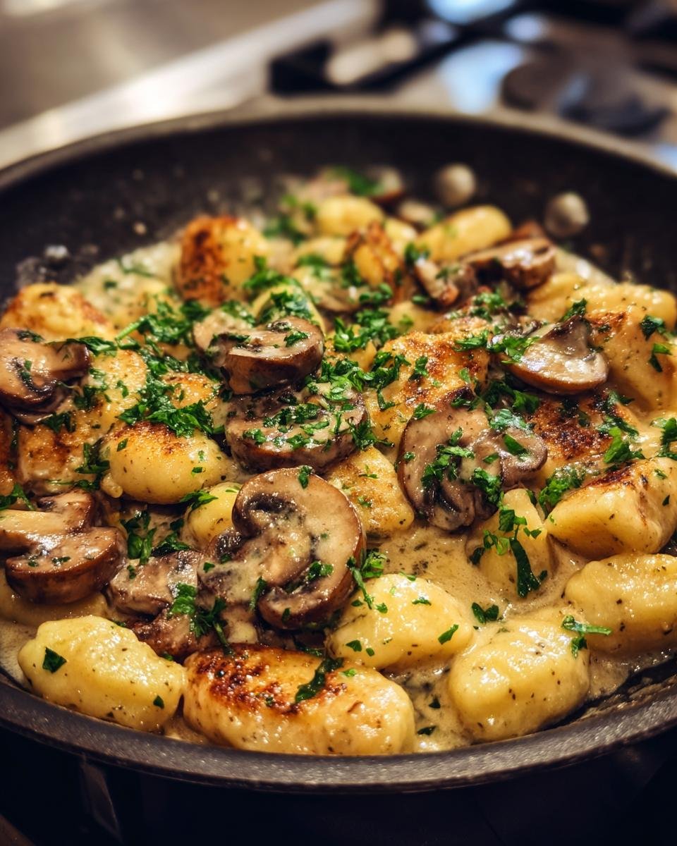 A pan of Deftige Gnocchi-Pilzpfanne mit Champignons, garnished with fresh parsley.