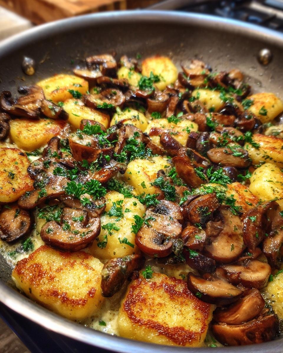Close-up of Deftige Gnocchi-Pilzpfanne mit Champignons in a pan, garnished with parsley.