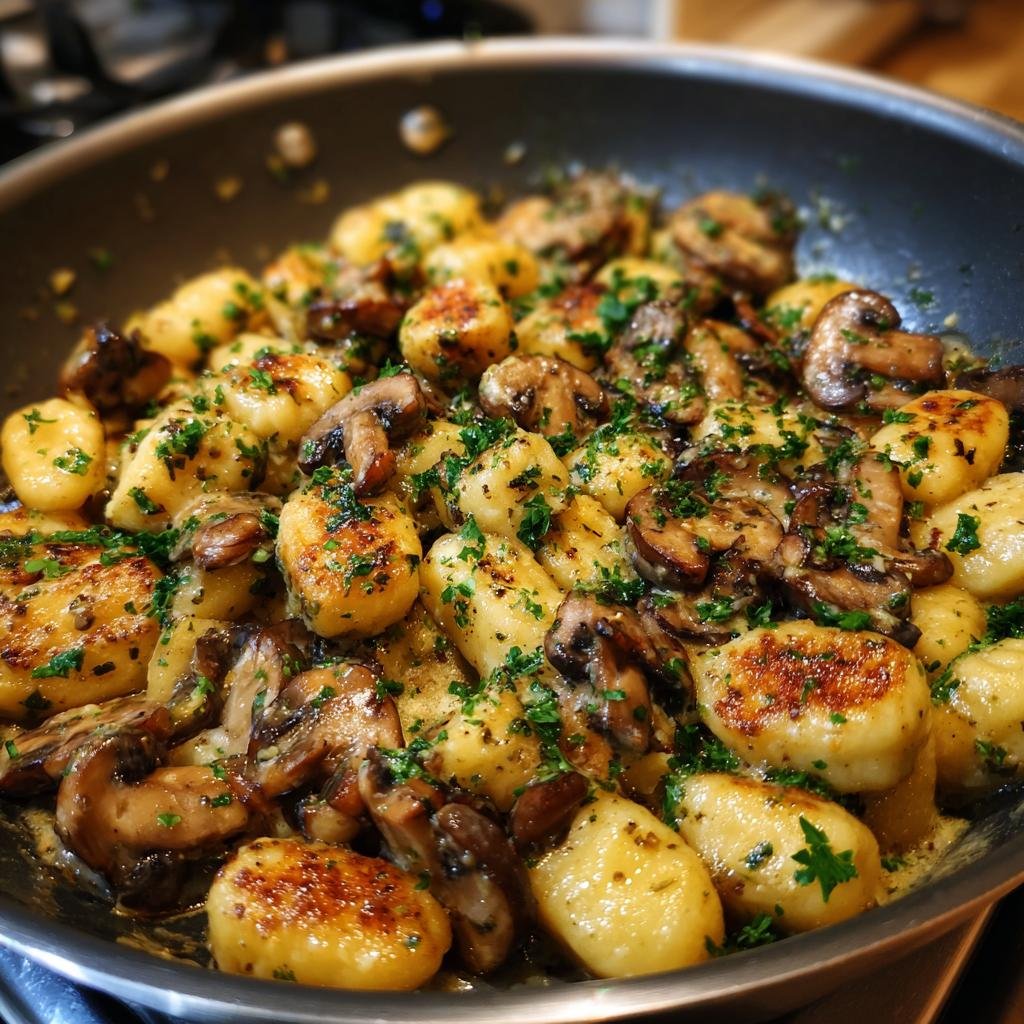 Close-up of Deftige Gnocchi-Pilzpfanne mit Champignons in a pan, garnished with fresh parsley.