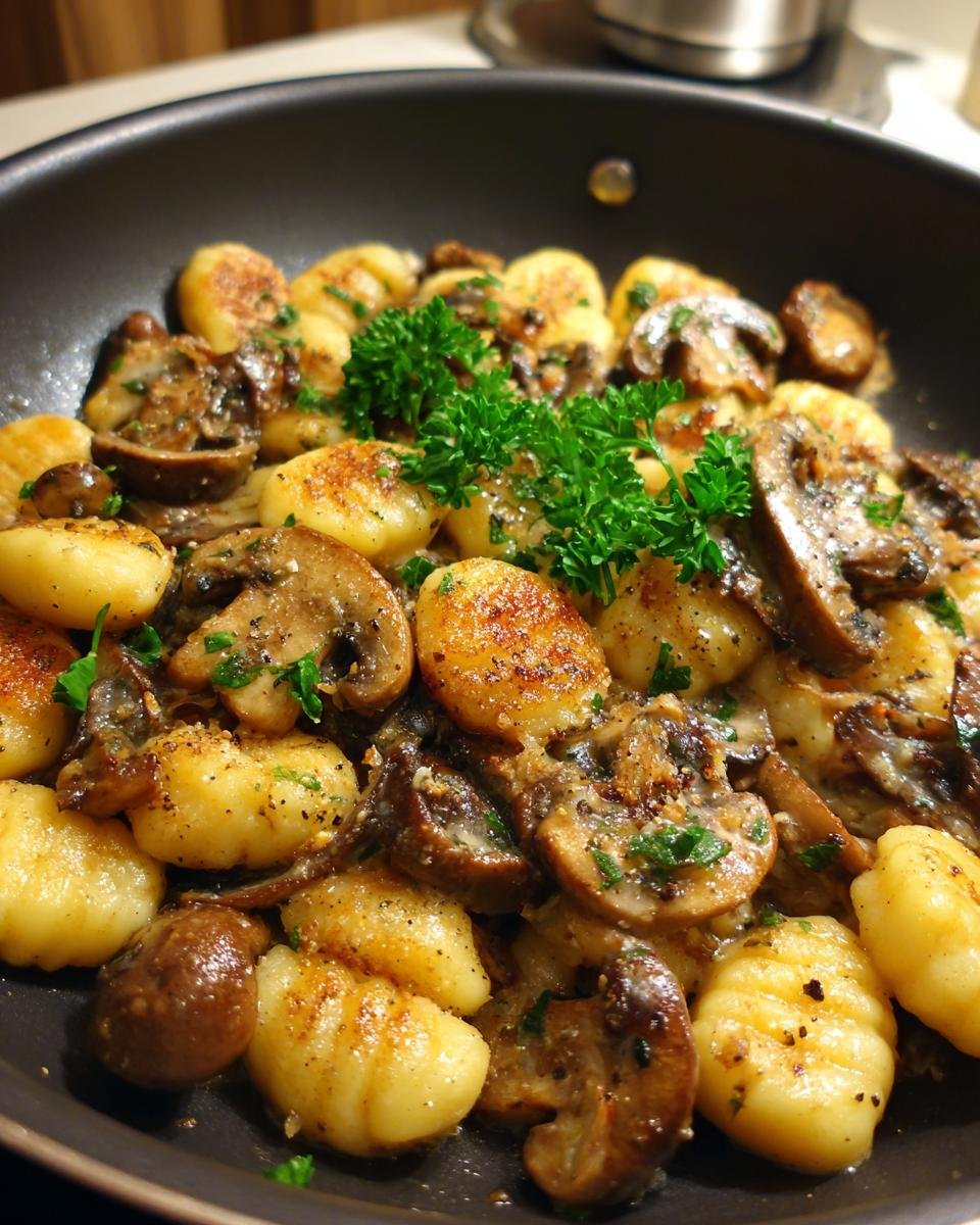 Close-up of Deftige Gnocchi-Pilzpfanne mit Champignons in a pan, garnished with parsley.