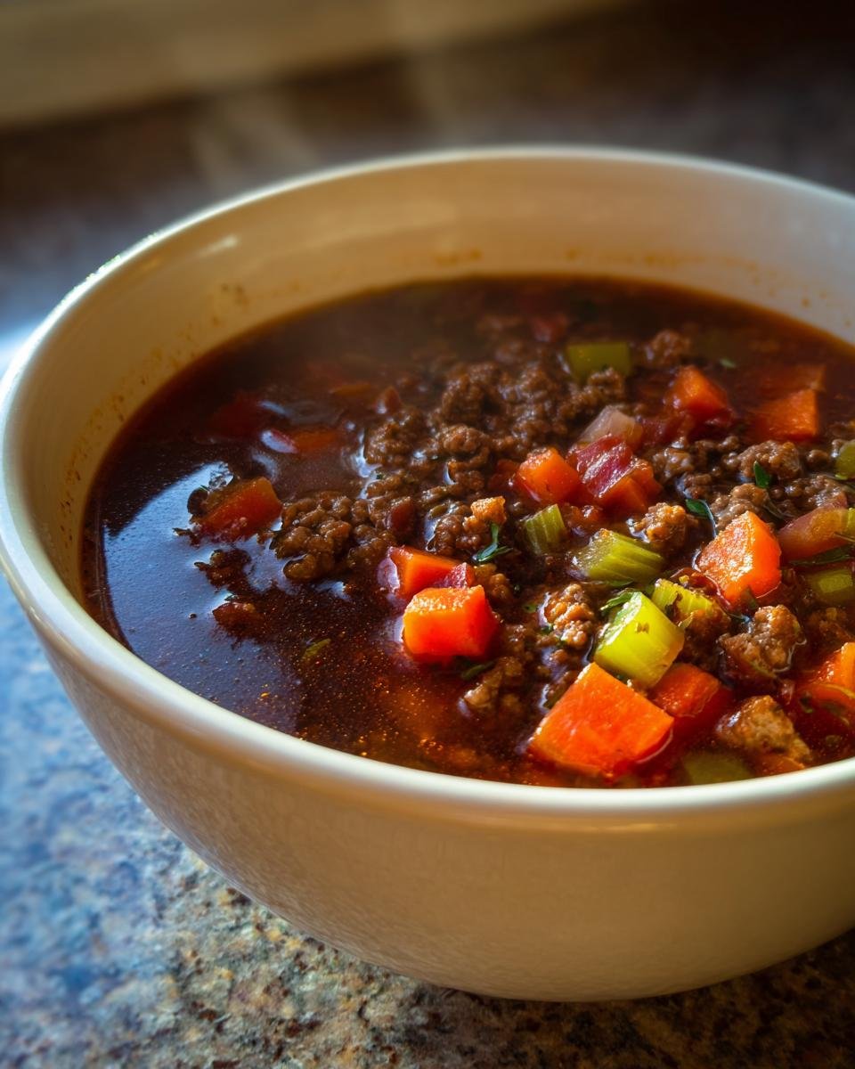 Close-up of Deftiger Küchenzauber-Topf in a white bowl, featuring ground meat, carrots, and celery.
