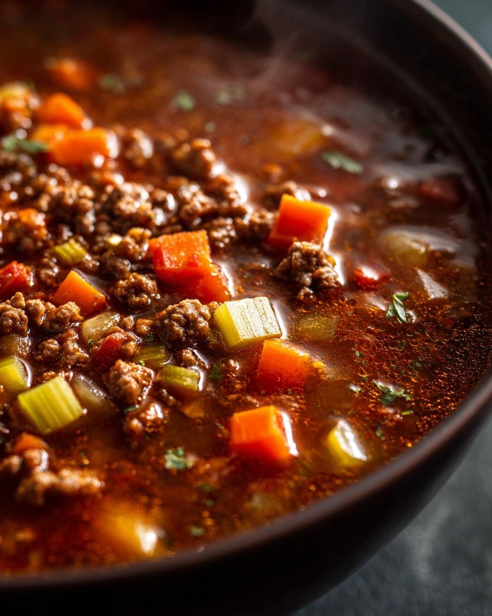 Close-up of Deftiger Küchenzauber-Topf with ground meat, carrots, and celery in a rich broth.