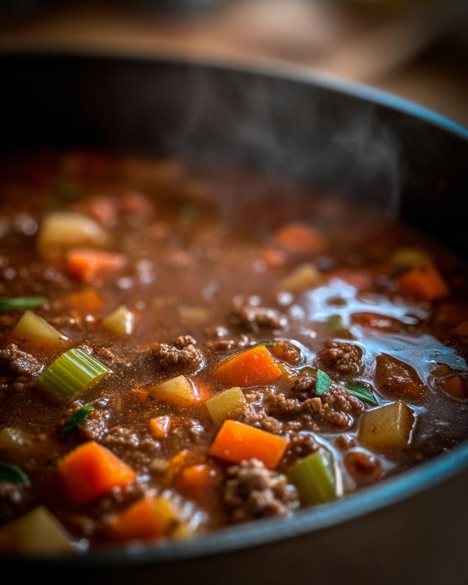 Close-up of a steaming pot of Deftiger Küchenzauber-Topf, a hearty German stew with meat and vegetables.