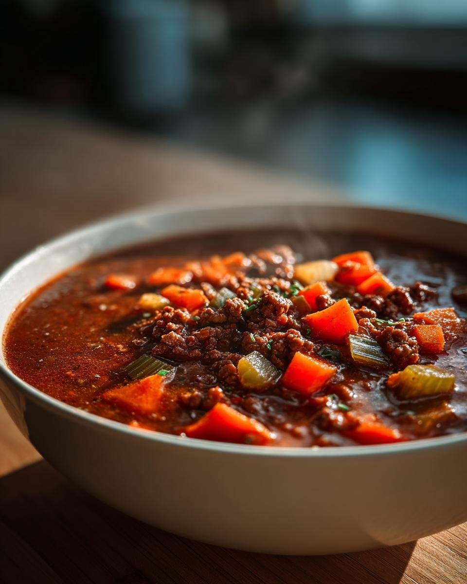 Close-up of Deftiger Küchenzauber-Topf, a hearty German stew, served in a white bowl with steam rising.