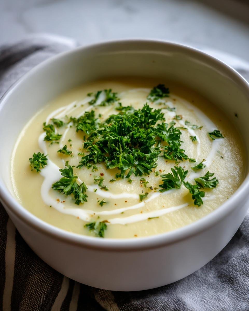 Bowl of EINFACHE KARTOFFELSUPPE garnished with cream and fresh parsley on a striped cloth.