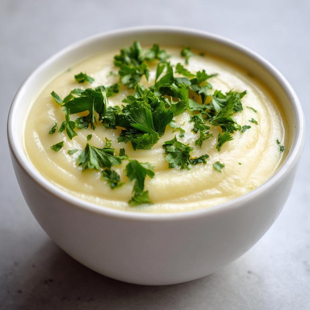 Nahaufnahme einer Schüssel EINFACHE KARTOFFELSUPPE, garniert mit frischer Petersilie.