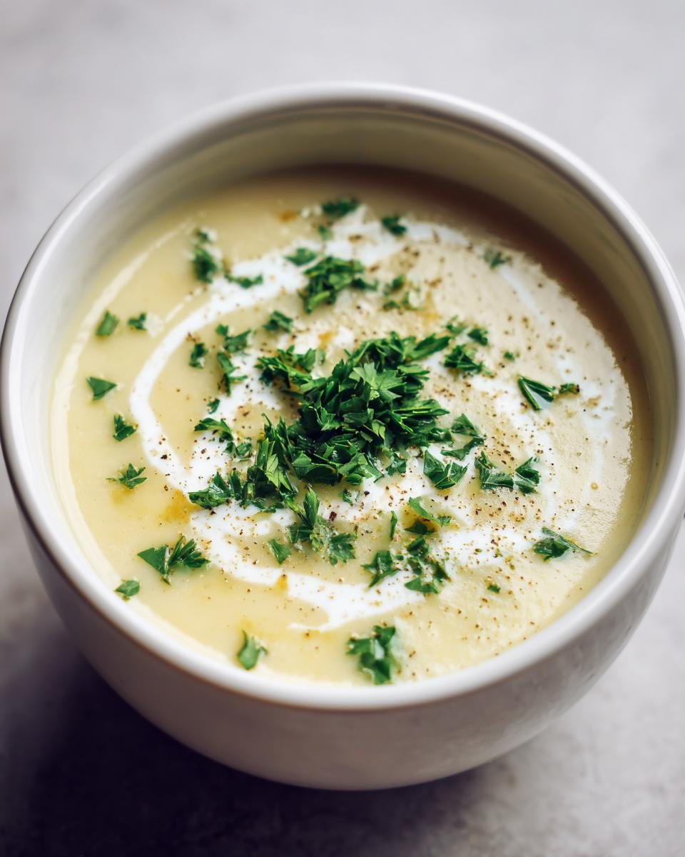 Schüssel mit EINFACHE KARTOFFELSUPPE, garniert mit Petersilie und einem Schuss Sahne.