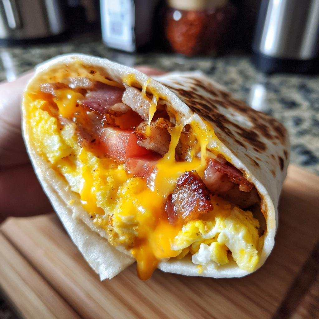 Nahaufnahme von einem Einfacher Frühstückswrap mit Ei, Käse, Tomaten und Speck.