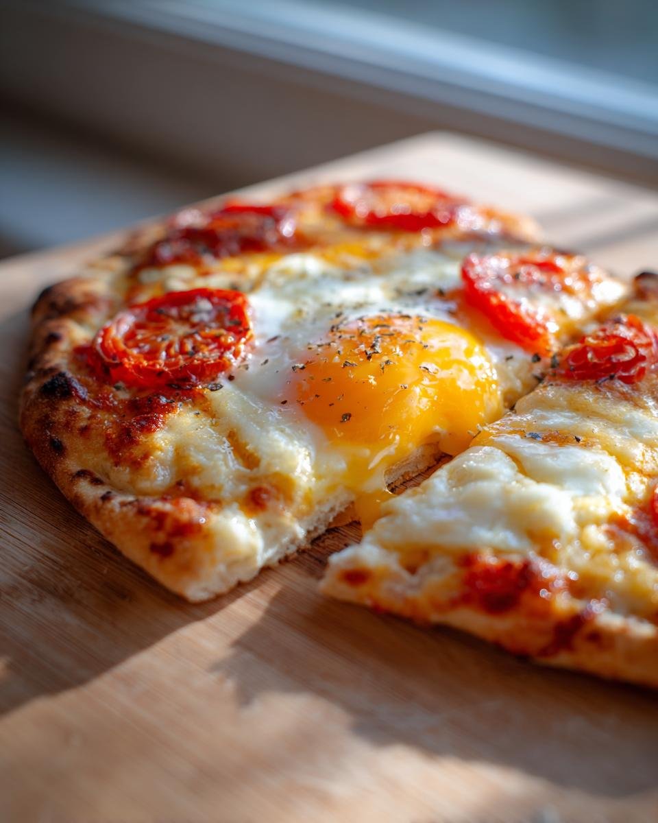 Nahaufnahme eines einfachen Frühstückswraps mit Ei, Käse und Tomaten auf einem Holzbrett.
