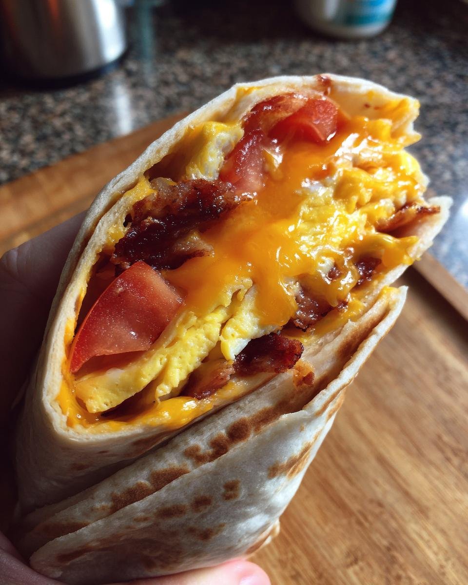 Close-up of a Einfacher Frühstückswrap mit Ei, Käse und Tomaten, showing layers of egg, cheese, bacon and tomato.