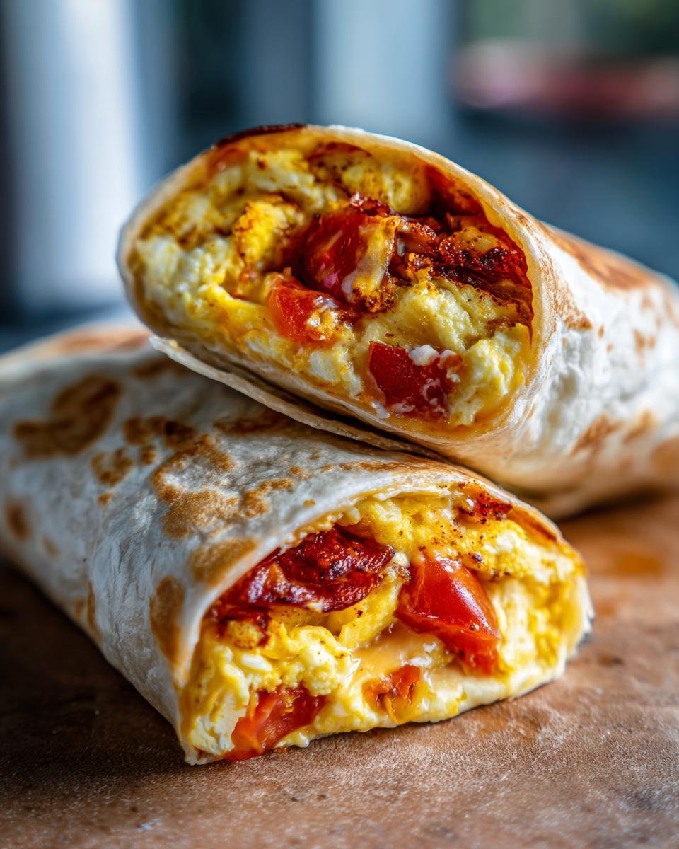 Zwei Einfacher Frühstückswrap mit Ei, Käse und Tomaten, gestapelt und angeschnitten, Füllung sichtbar.