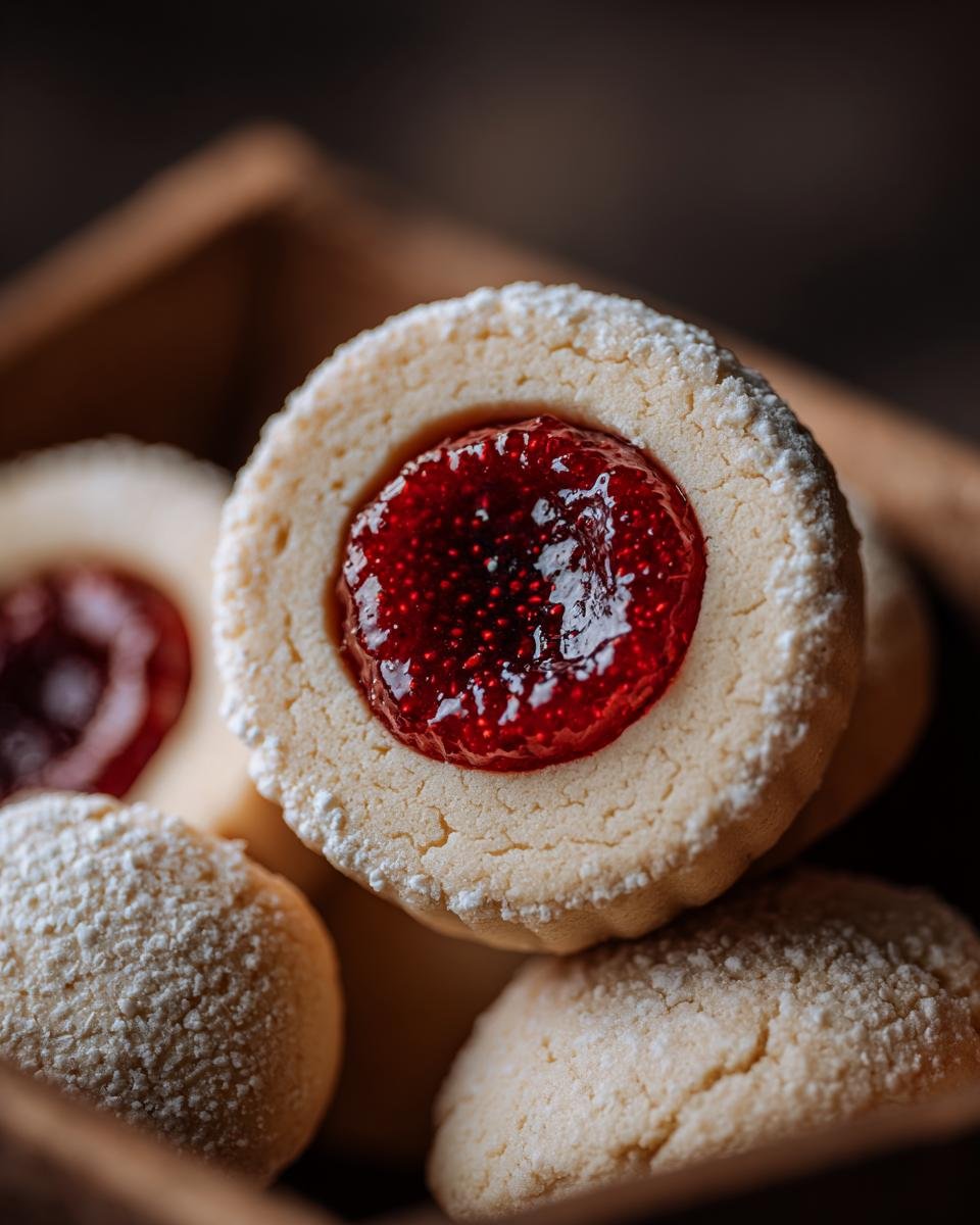 Close-up of Engelsaugen – das beste Rezept, traditional German cookies with a jam filling and powdered sugar.