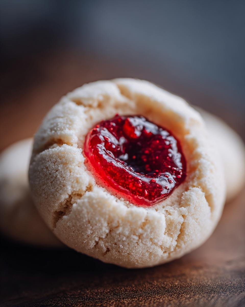 Close-up of a delicious Engelsaugen cookie filled with bright red raspberry jam.