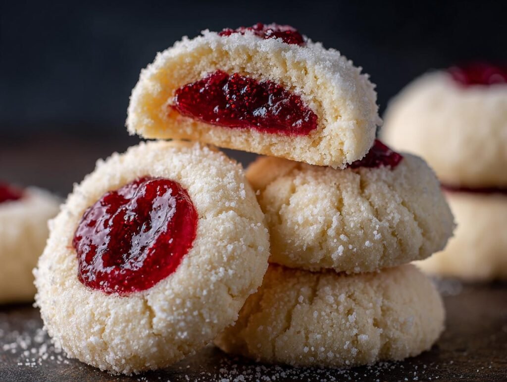 A stack of delicious Engelsaugen cookies, a classic German treat with a jam filling. Recipe in blog post.