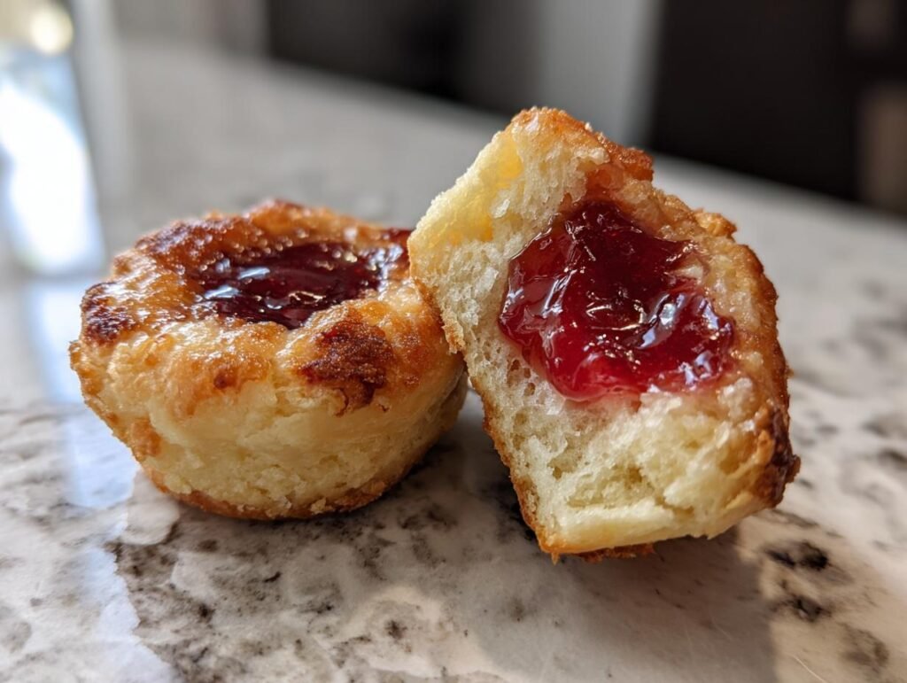 Close-up of Engelsaugen - Husarenkrapfen, a German cookie with a jam filling, one cut in half.