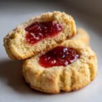 Close-up of Engelsaugen - Husarenkrapfen cookie, showcasing the jam filling and crumbly texture.