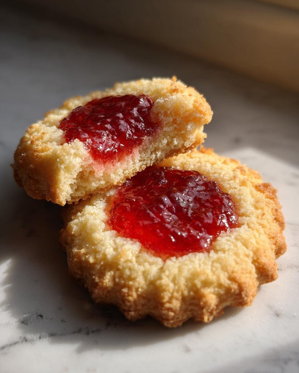 Close-up of Engelsaugen - Husarenkrapfen cookies with a bright red jam filling on a marble surface.