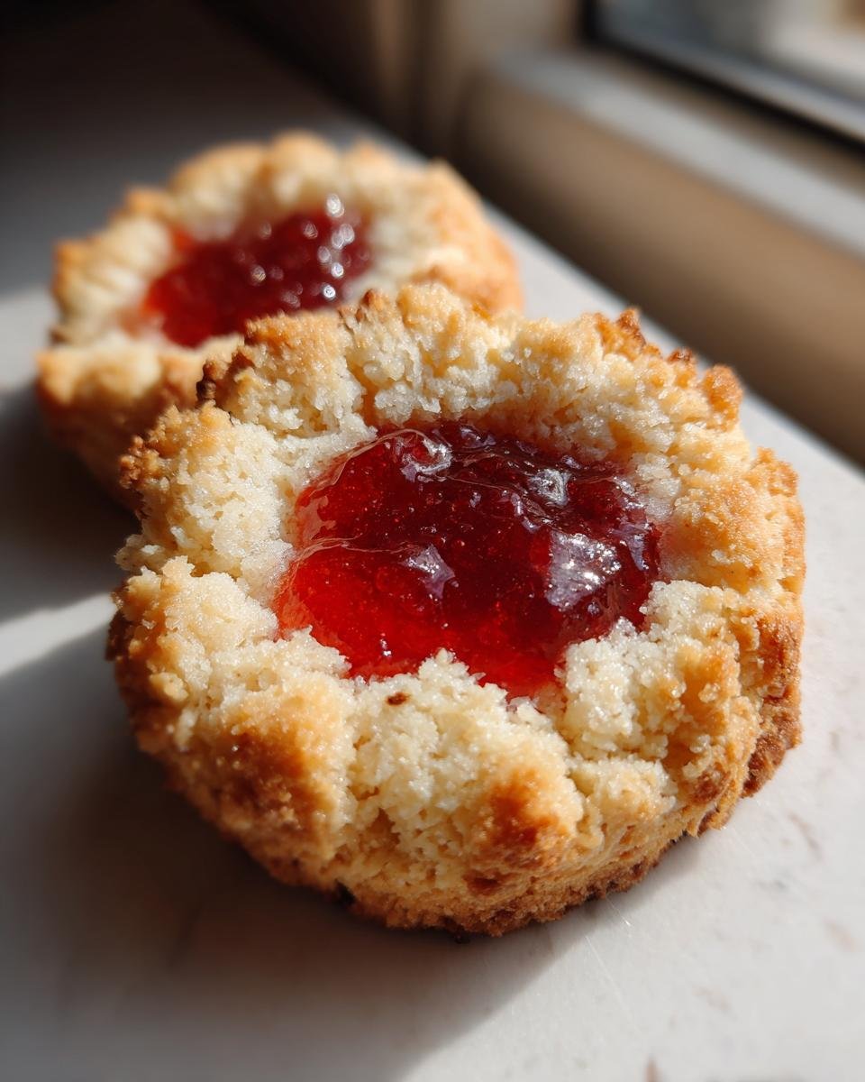 Two Engelsaugen - Husarenkrapfen cookies with red jam filling, a sweet treat.
