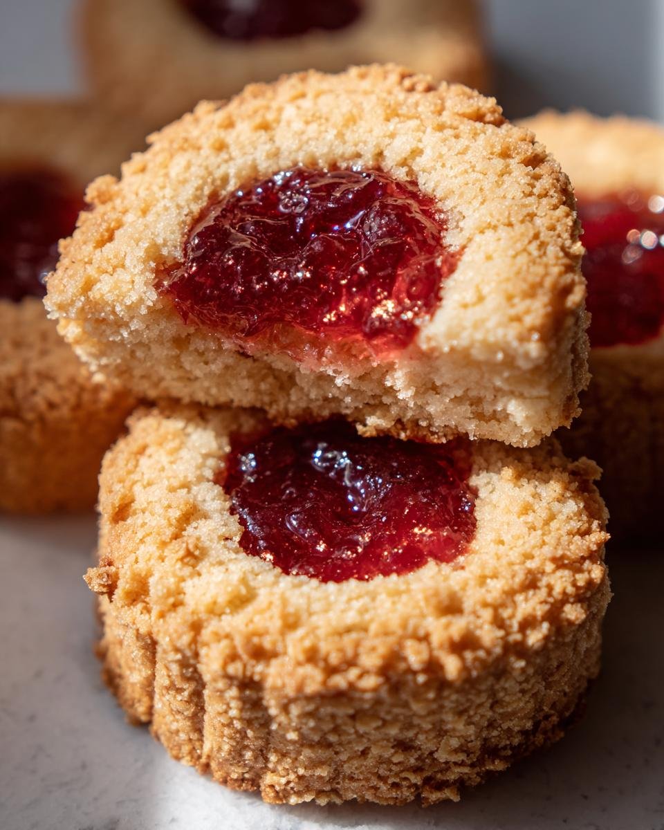 Close-up of Engelsaugen - Husarenkrapfen, a German cookie filled with red jam. Recipe details in the blog post.