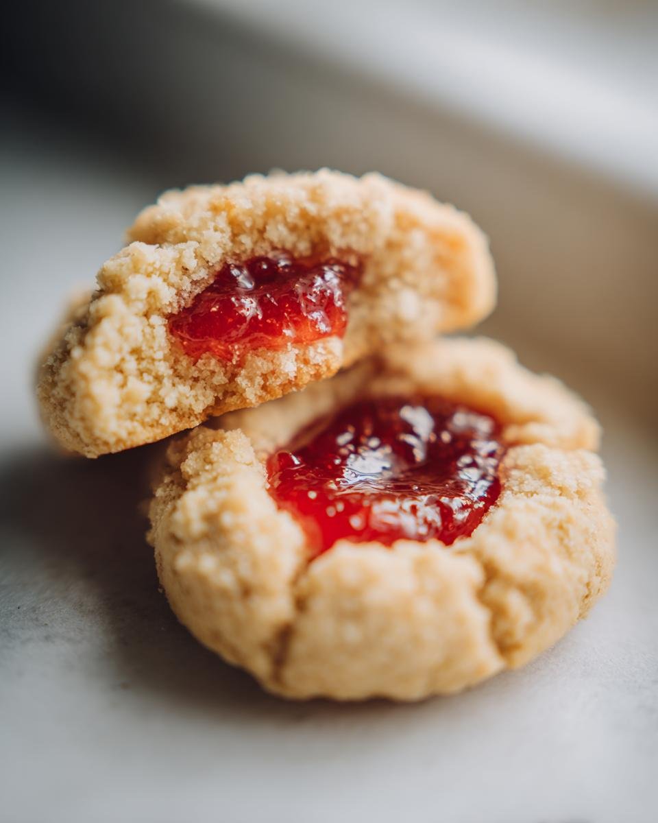 Close-up of Engelsaugen - Husarenkrapfen cookies filled with bright red jam.