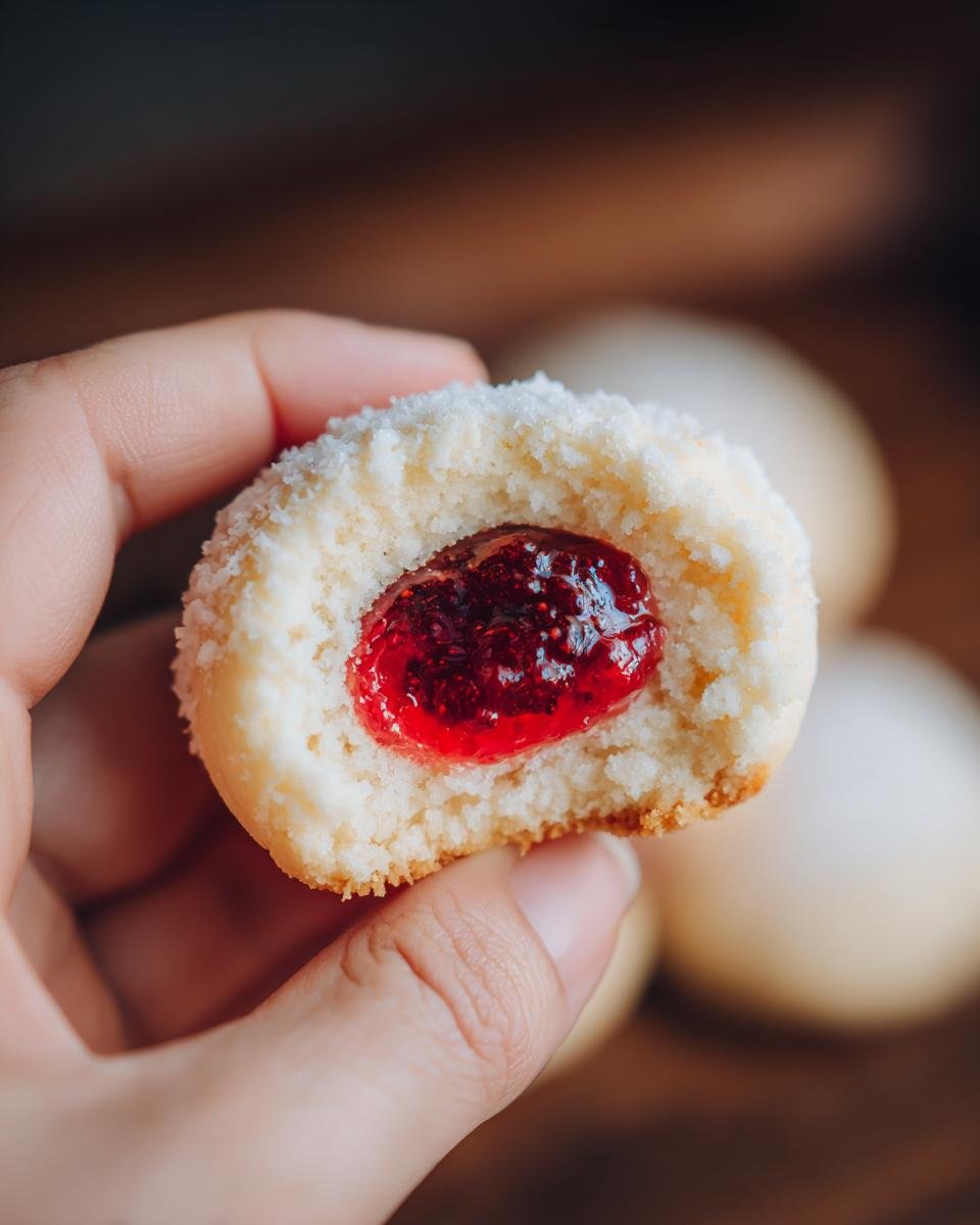 Close-up of a hand holding a halved Engelsaugen cookie filled with raspberry jam.