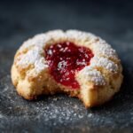 Close-up of a single Engelsaugen cookie with raspberry jam filling and powdered sugar. Engelsaugen – das beste Rezept.