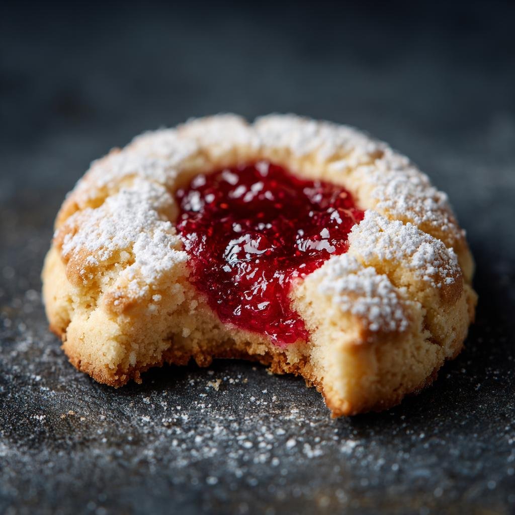 Close-up of a single Engelsaugen cookie with raspberry jam filling and powdered sugar. Engelsaugen – das beste Rezept.