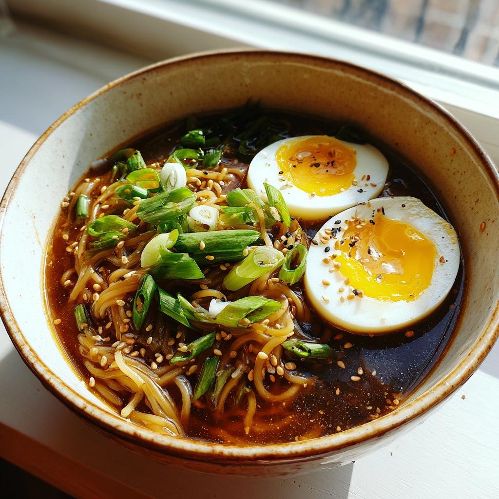 Nahaufnahme einer Schüssel Erdnuss-Ramen mit Ei, garniert mit Frühlingszwiebeln und Sesam.