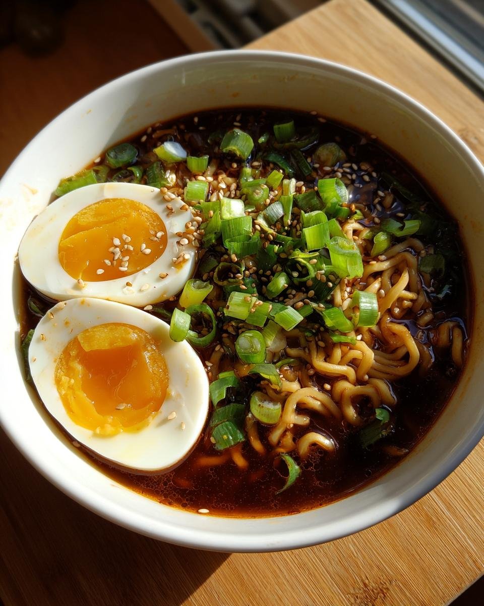 Nahaufnahme einer Schüssel Erdnuss-Ramen mit Ei, garniert mit Frühlingszwiebeln und Sesam.