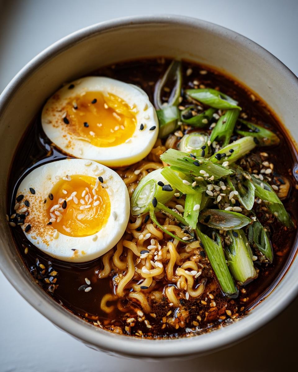 Close-up of Erdnuss-Ramen mit Ei in a bowl, featuring noodles, a soft-boiled egg, and green onions.
