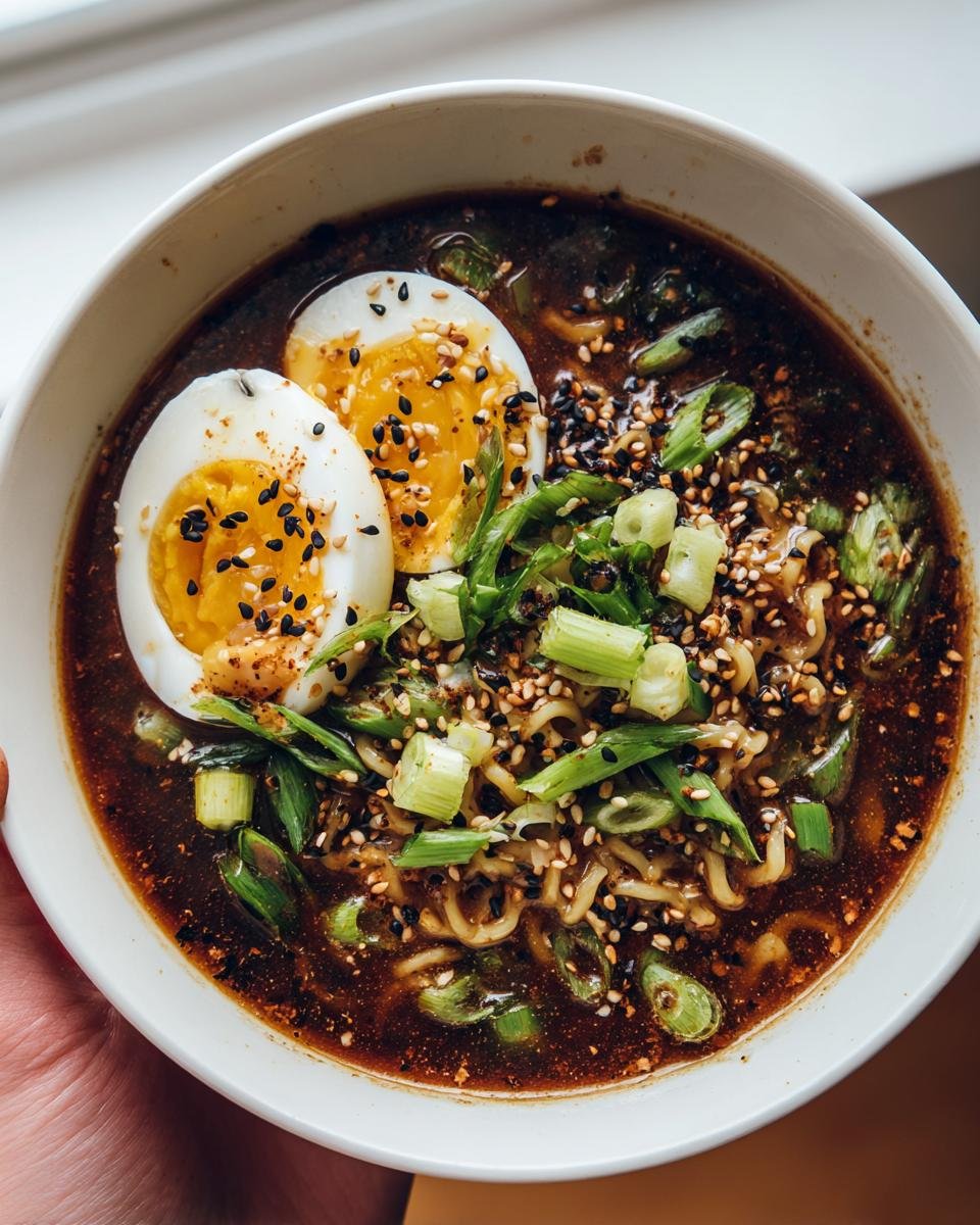 Close-up of Erdnuss-Ramen mit Ei in a bowl, topped with sesame seeds and green onions.