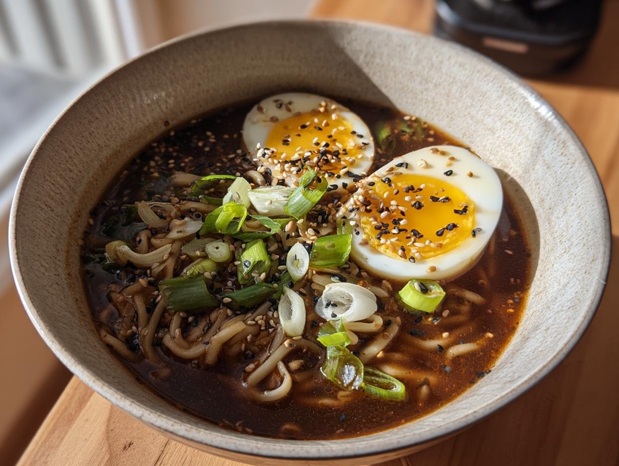 Eine Schüssel Erdnuss-Ramen mit Ei, garniert mit Frühlingszwiebeln und Sesamkörnern.