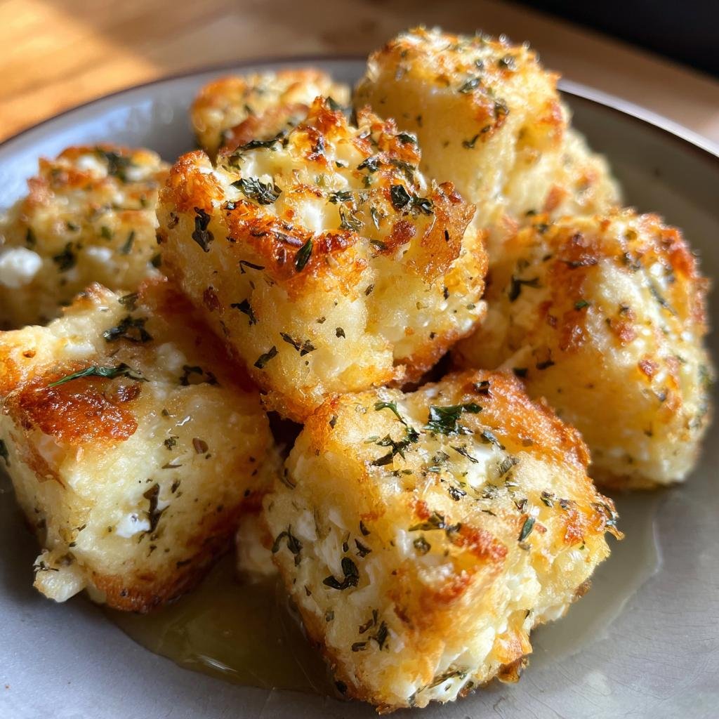 Close-up of Feta-Häppchen aus der Heißluftfritteuse, golden and sprinkled with herbs.
