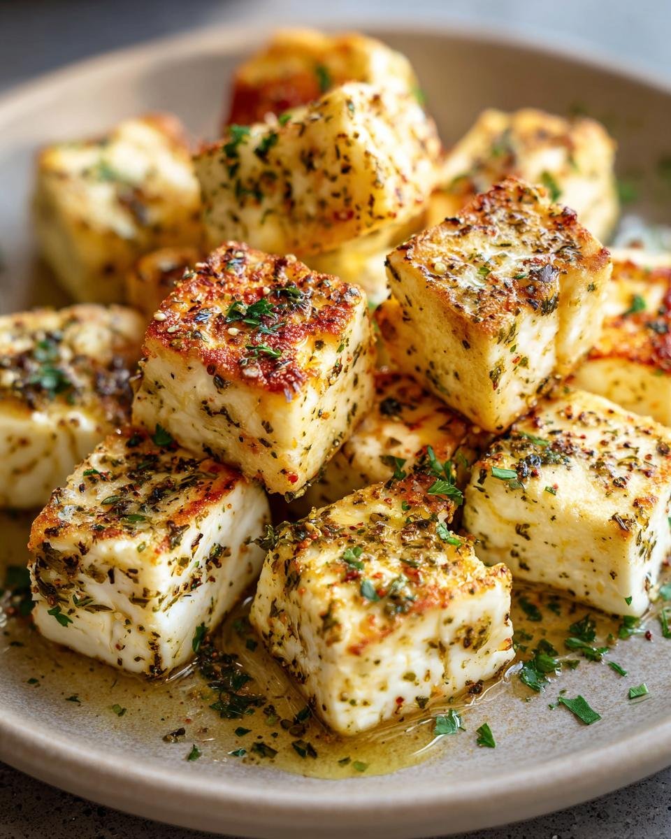 Close-up of Feta-Häppchen aus der Heißluftfritteuse, seasoned with herbs and spices on a plate.