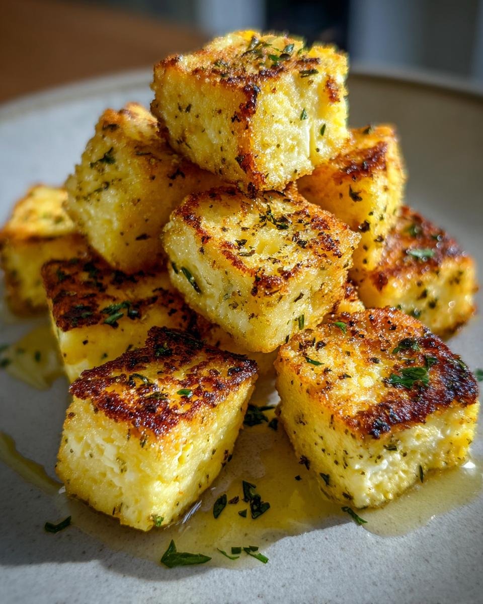 Stacked Feta-Häppchen aus der Heißluftfritteuse, golden brown and seasoned with herbs.