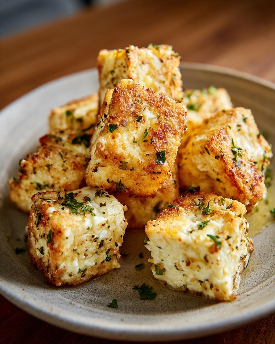 Close-up of Feta-Häppchen aus der Heißluftfritteuse, stacked on a plate and garnished with herbs.