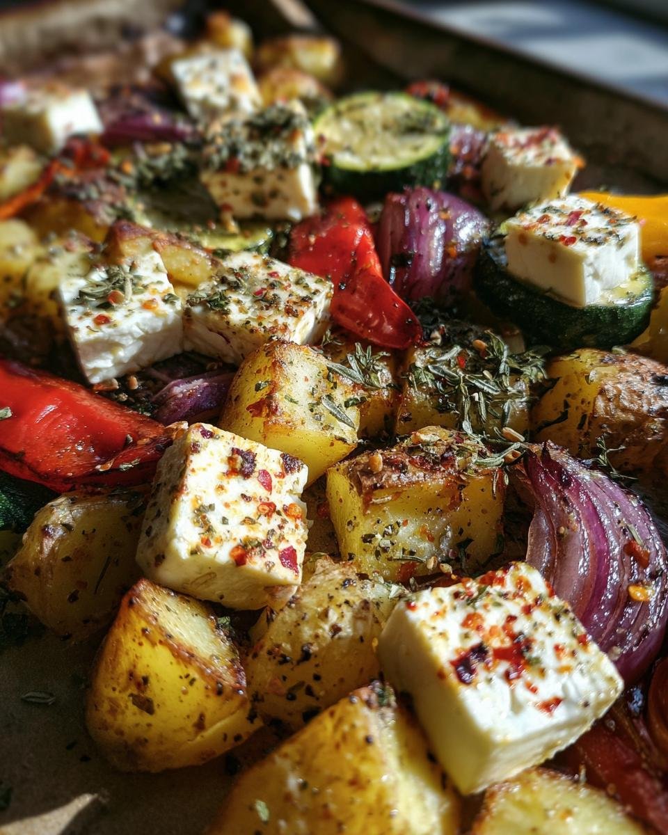 Close-up of Feta Kartoffeln Ofengemüse, featuring roasted potatoes, feta, peppers, zucchini, and red onion.